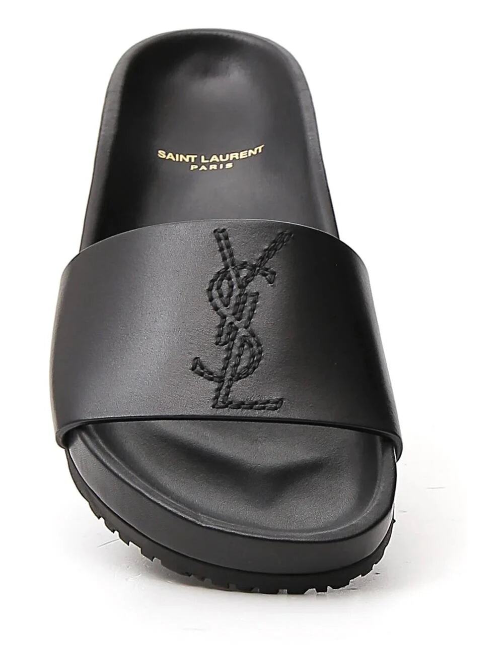 Saint Laurent Joann Leather Slip On Pool Slides Sandals Black Women's Size EU 36